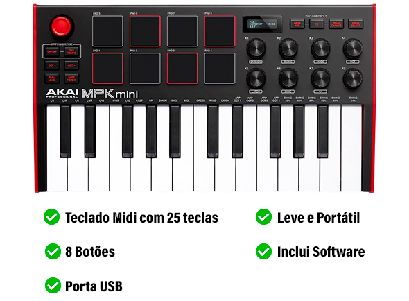 AKAI Professional MPK Mini MK3 Teclado Controlador MIDI 8 Pads AKAI Professional MPK Mini MK3 Teclado Controlador MIDI 8 Pads